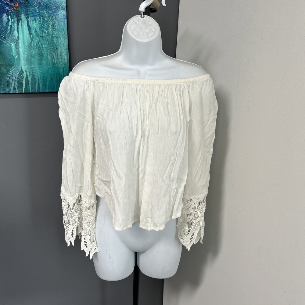 Ambience Women's Small Ivory Peasant Sheer Top Lace‎ Sleeve Boho Coquette Y2K